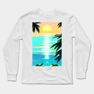 Summer Sunset Palm Tree Beach Ocean Artistic Paradise Long Sleeve T-Shirt